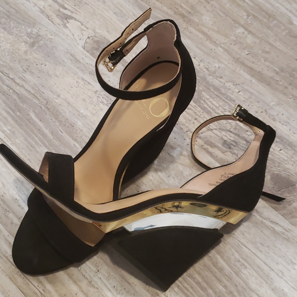Jlo black and gold wedges